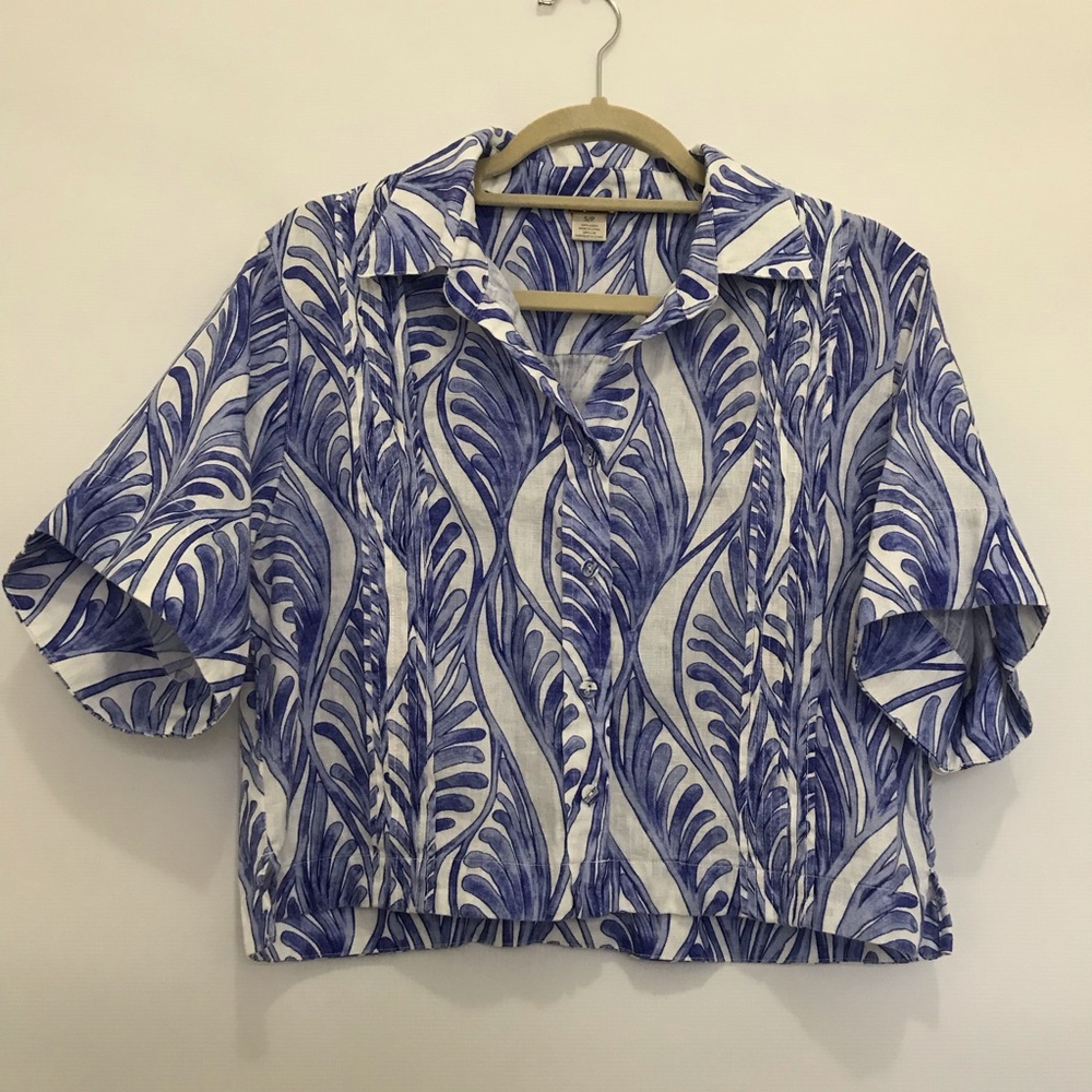 Magaschoni Linen Blue Leaf Print Short Sleeve Button-Up Top Size S
